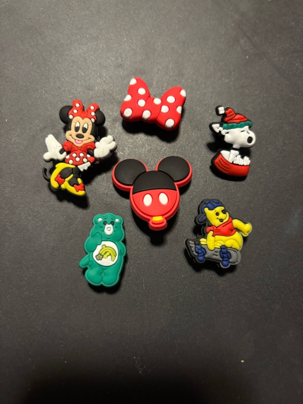 New! Mickey & Minnie & Pooh Bear & Lucky CareBear & Snoopy 6 Shoe Charms Pack